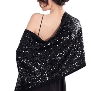 Black Sequin Shawl Shoulder Wrap Art Deco Zigzag pattern For Formal Events